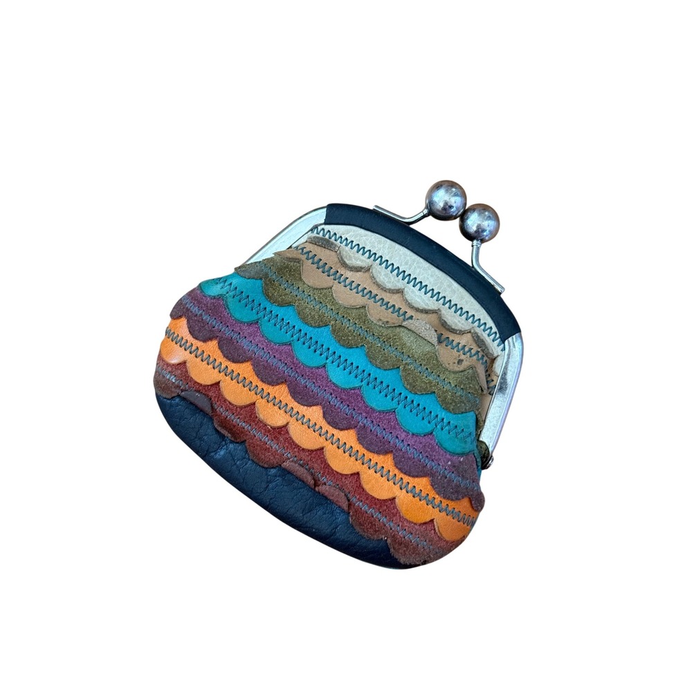 Fossil Multi Color Scalloped Leather Kiss Lock Coin Purse Teal Patchwork - Picture 1 of 6